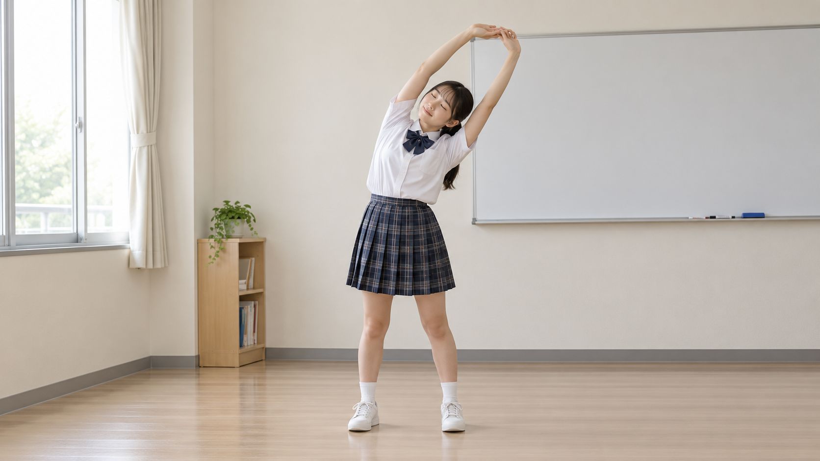 A Japanese high school student in uniform stretching her arms during a mindfulness brain break in class.