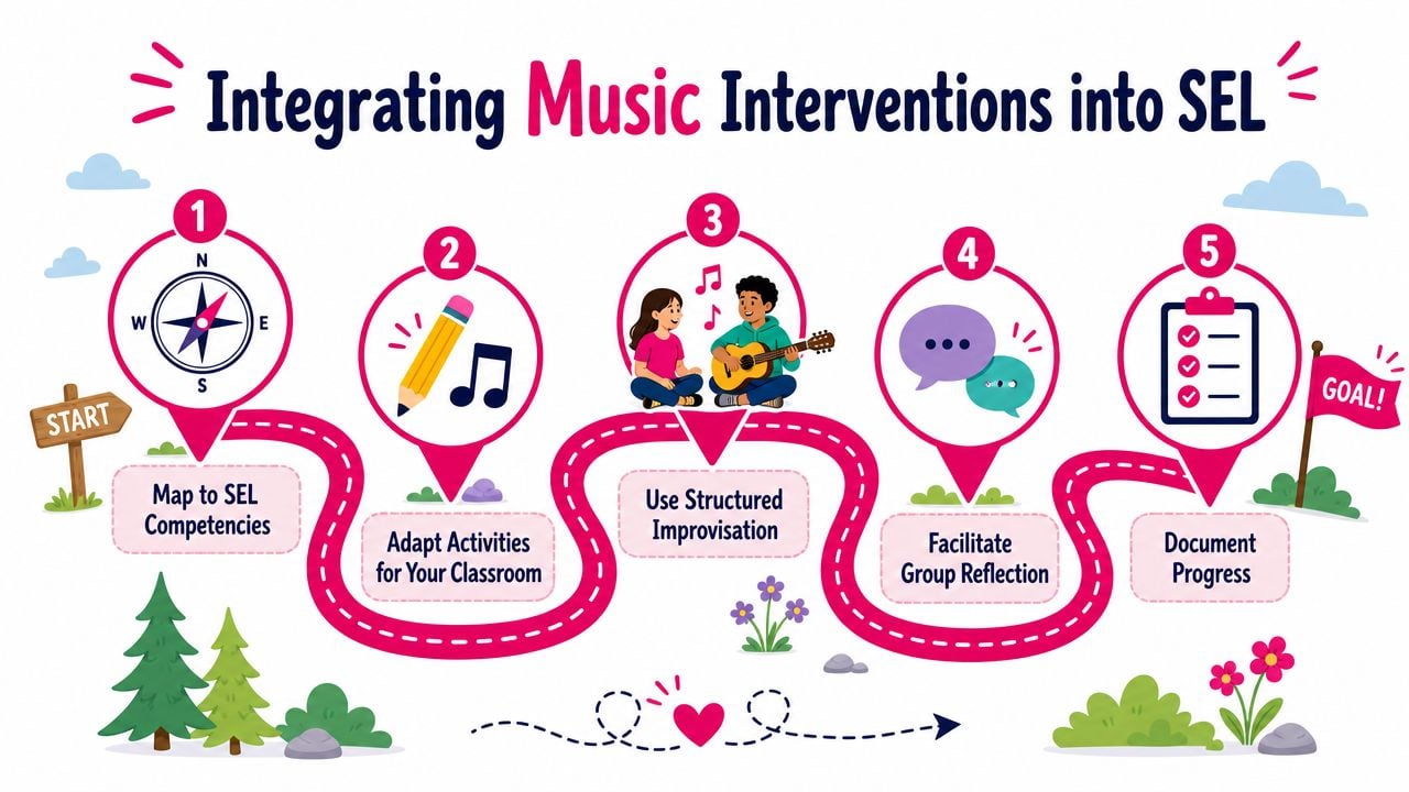 An infographic illustrating five steps for integrating music interventions into Social Emotional Learning in a classroom.