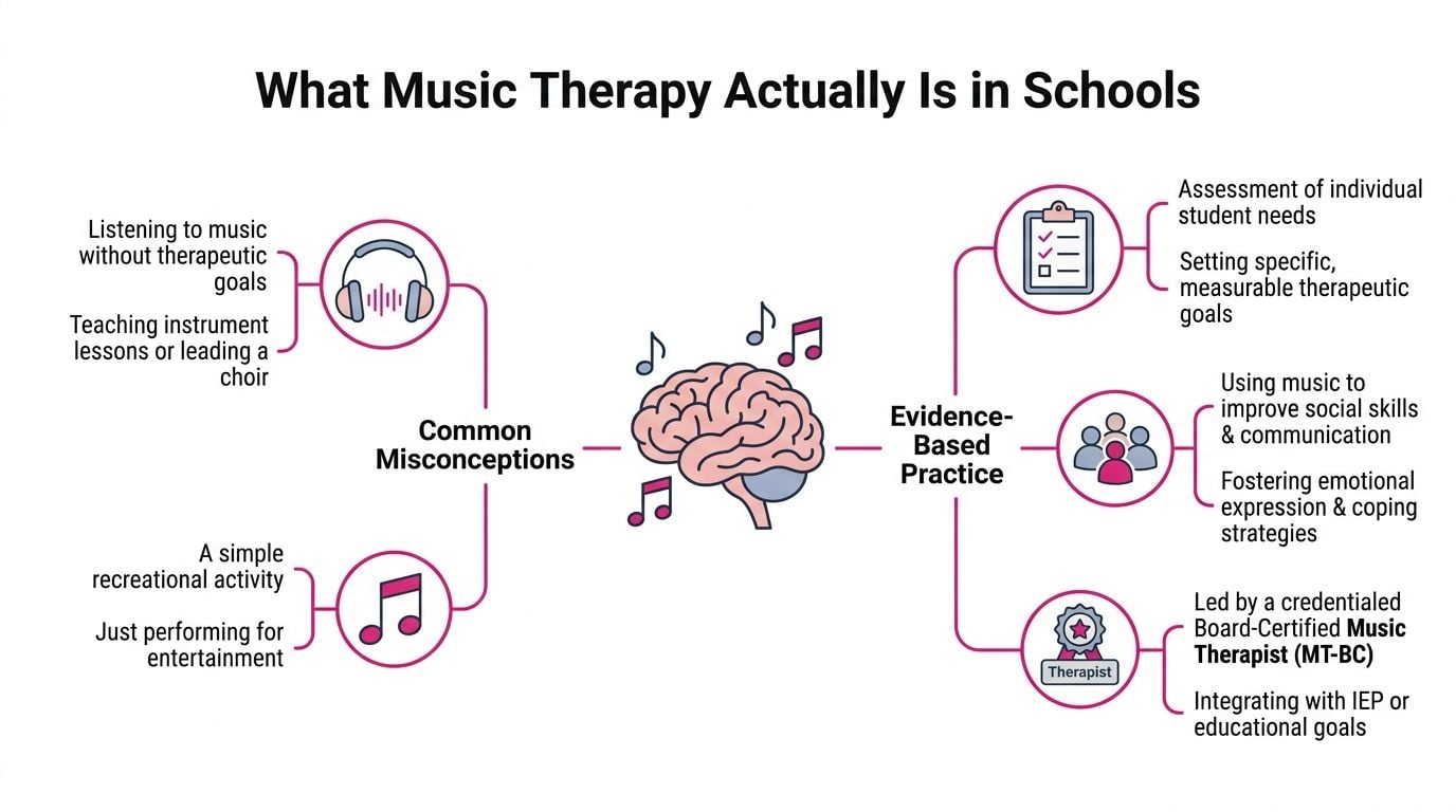 An infographic contrasting common misconceptions about school music therapy with actual evidence-based practices and therapeutic goals.