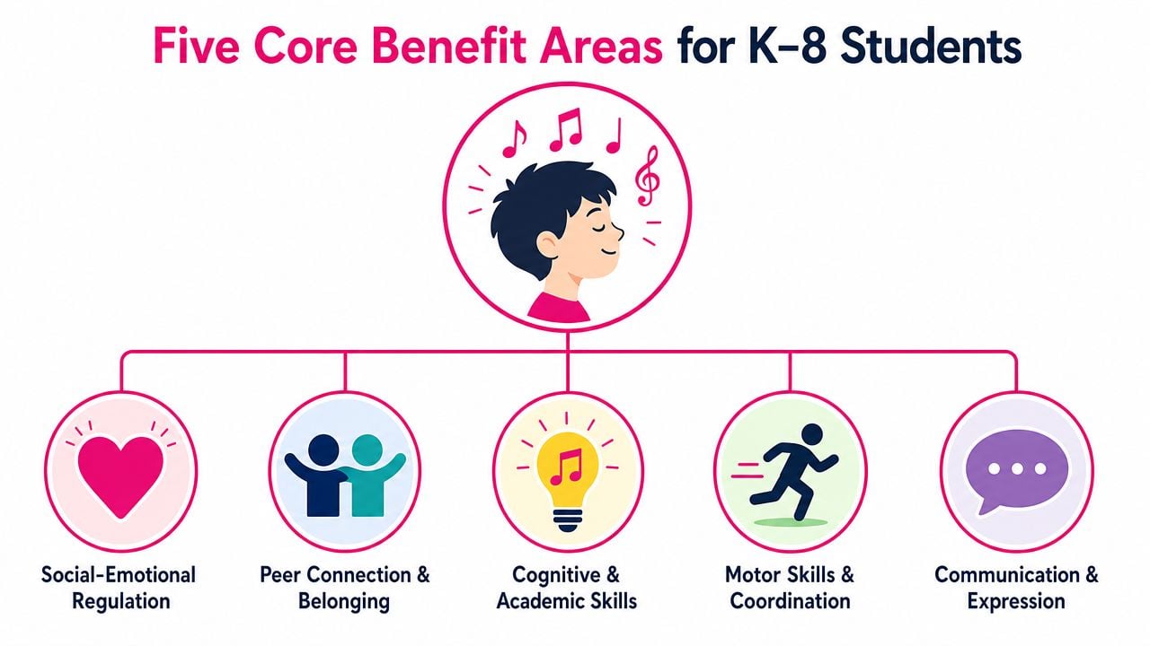 An infographic illustrating five core benefits of music therapy for K-8 students, featuring various icons and text.