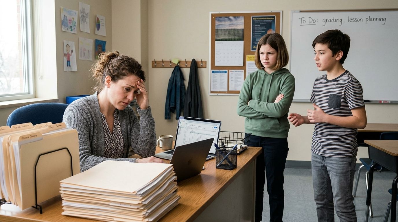 A stressed teacher sitting at her desk while two concerned students talk to her in a classroom.