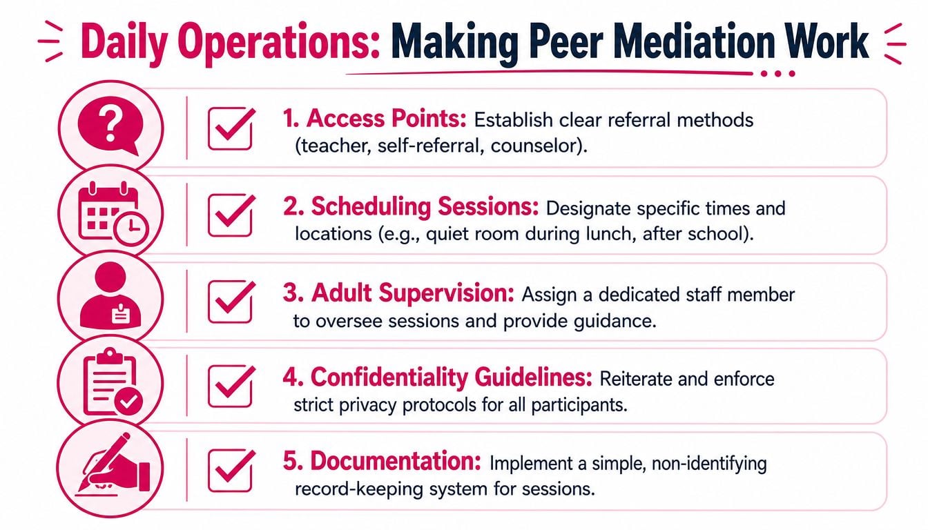 A five-step instructional guide on the daily operations necessary for effectively managing peer mediation in schools.