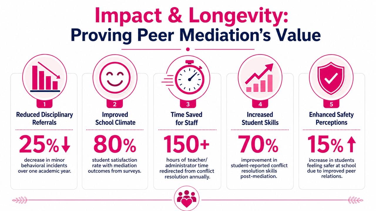An infographic illustrating five key benefits and impacts of peer mediation programs within school environments.
