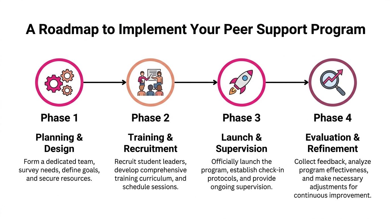 A four-phase infographic roadmap detailing the steps to successfully implement a peer support program for students.