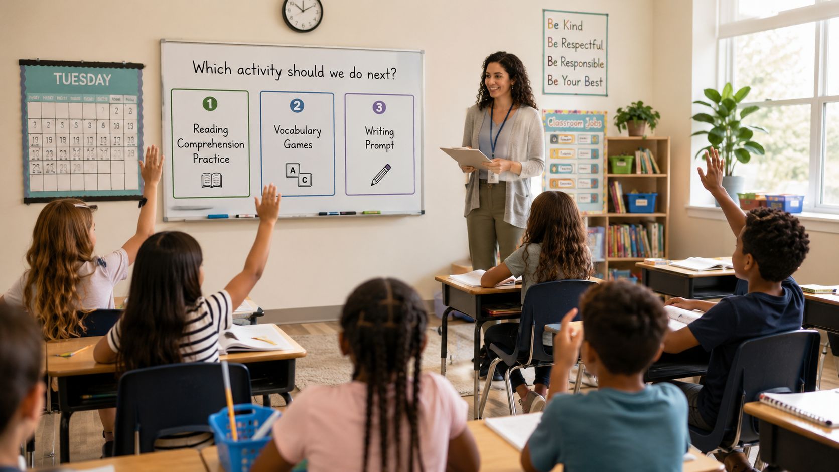 A teacher facilitates student choice by asking students to vote for their next classroom activity on the whiteboard.