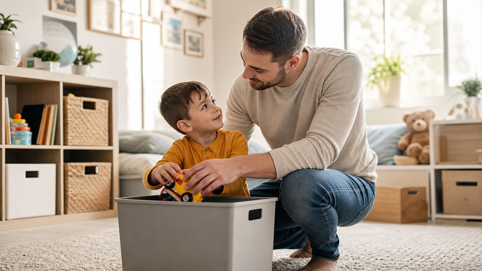 A father and his young son smiling at each other while cleaning up toys together at home.