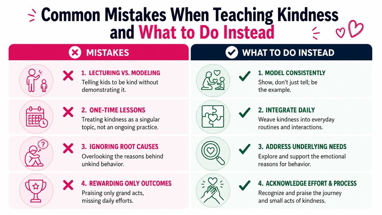 An infographic titled Common Mistakes When Teaching Kindness, featuring four points contrasting poor methods with better teaching practices.
