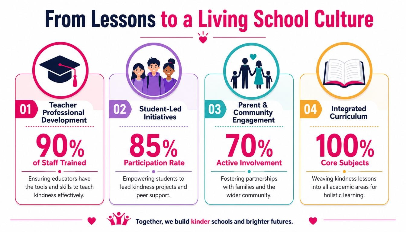 An infographic titled From Lessons to a Living School Culture, illustrating four key pillars of kindness education.