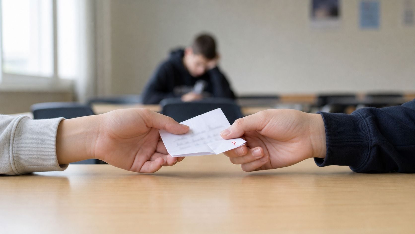 Two students passing a handwritten note across a classroom desk, highlighting a common verbal bullying scenario.