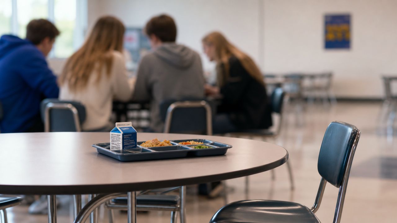 A school cafeteria scene featuring a lunch tray on a table with students sitting in the background.