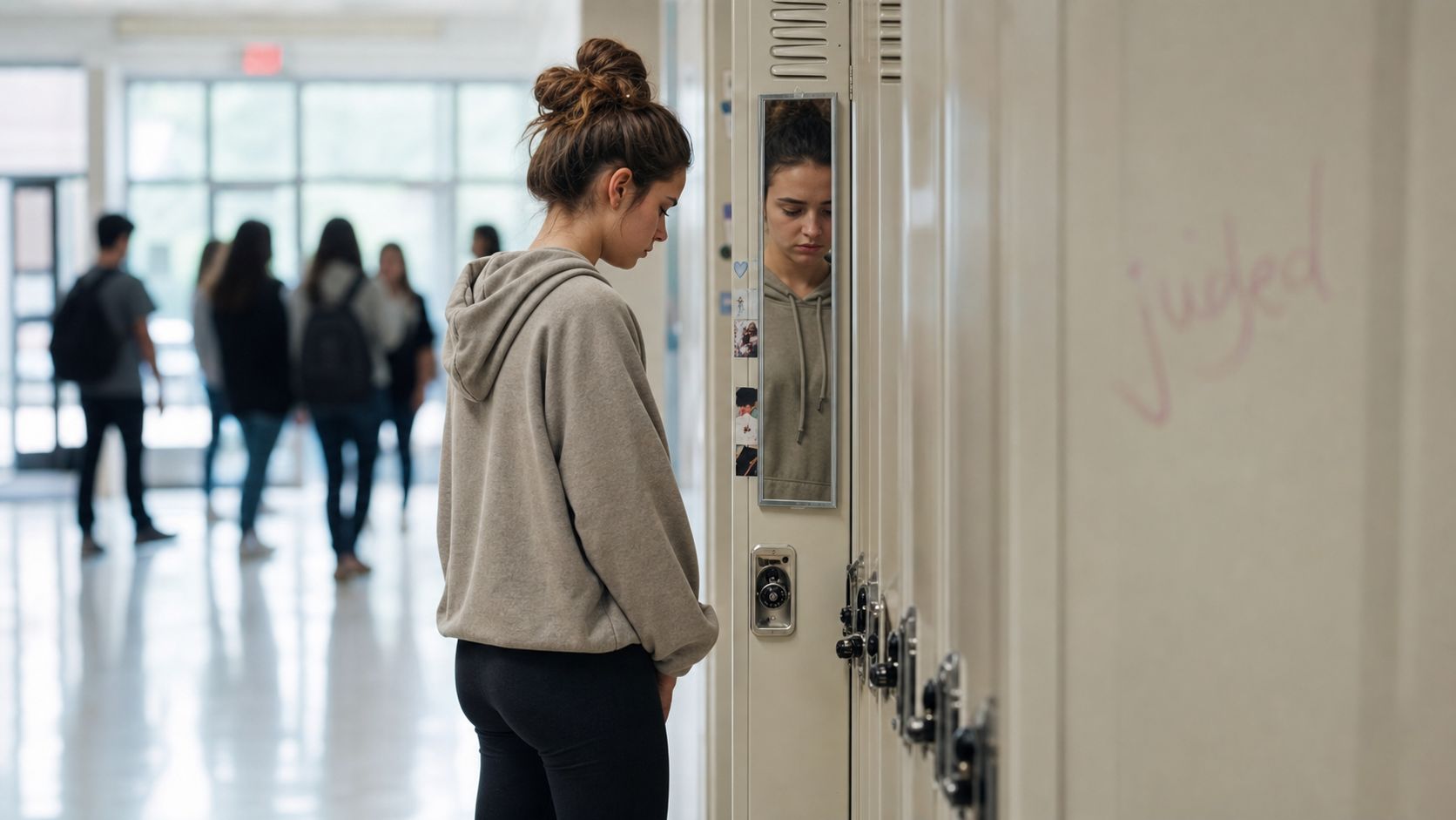 A lonely teenage girl looking at her reflection in a locker mirror inside a school hallway.