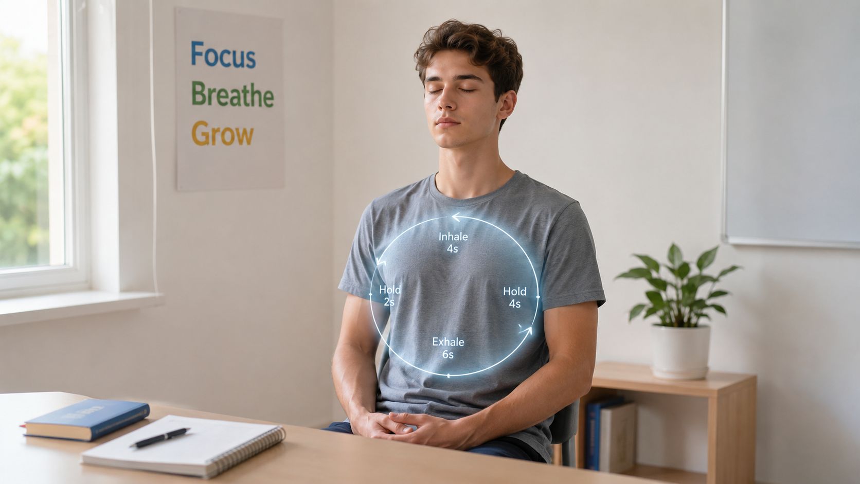 A young man sitting at a desk practicing a guided breathing exercise for test anxiety relief.