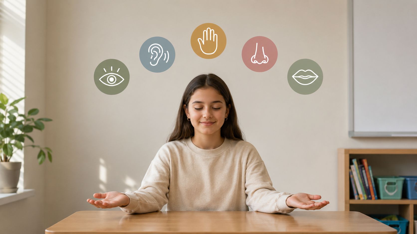 A young student practicing mindful meditation with five sense icons floating above her head.