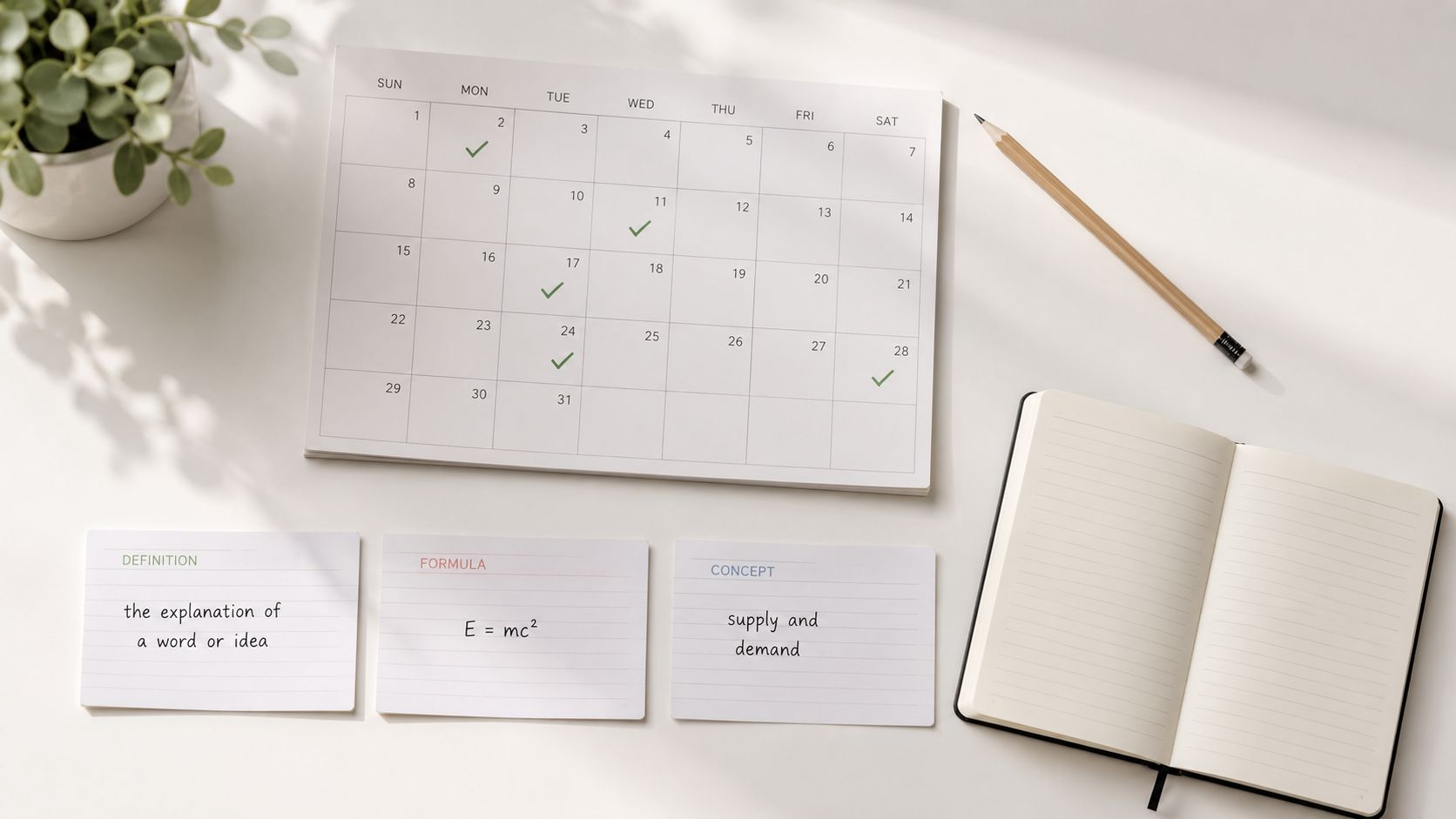 A top-down view of a study desk with a monthly calendar, notebook, pencil, and educational note cards.