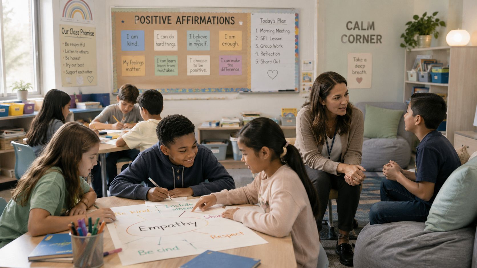 A teacher interacts with a small group of elementary students working on an empathy activity in class.