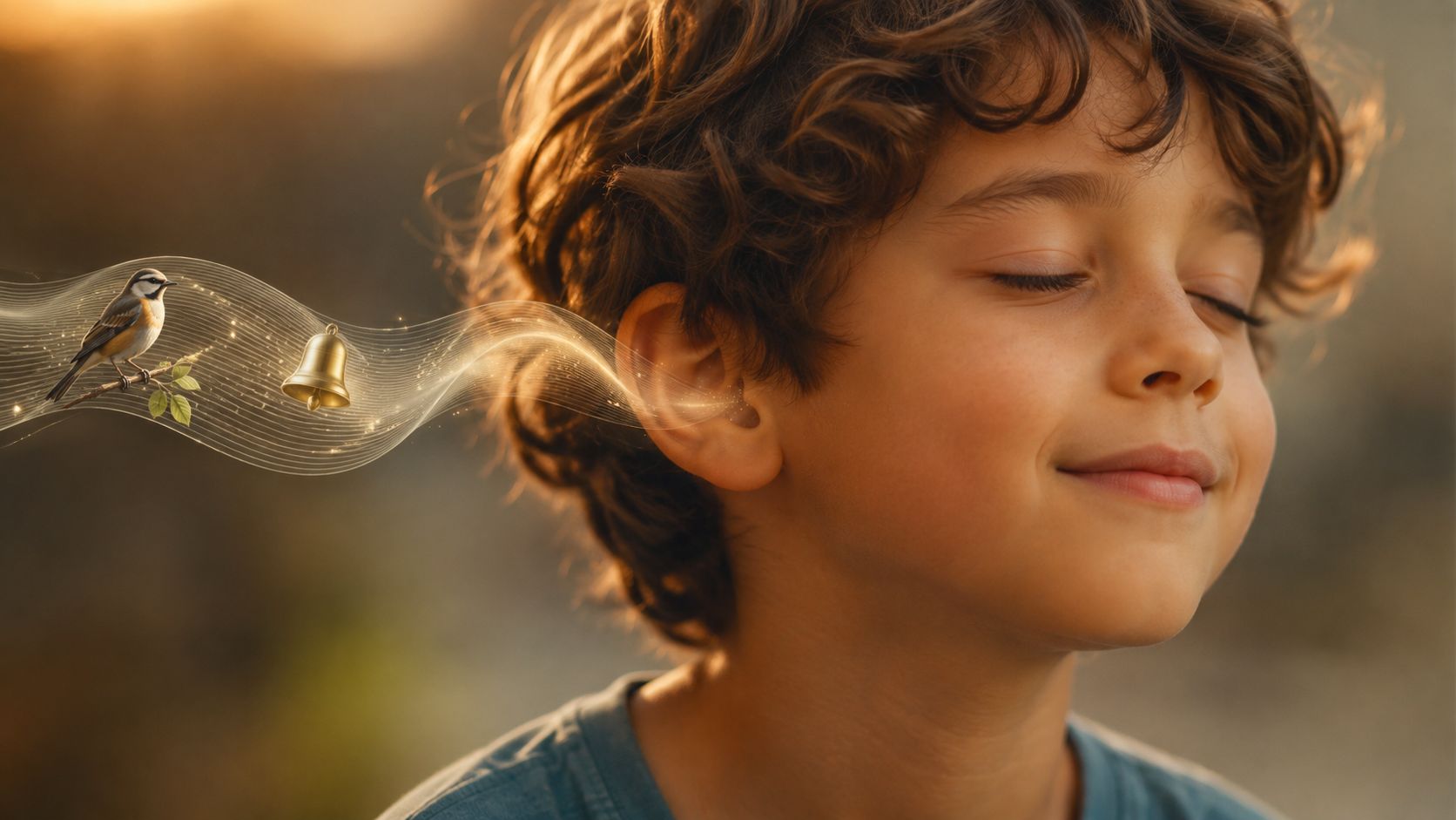 A young child with closed eyes listening intently as a bird and bell imagery flow into their ear.