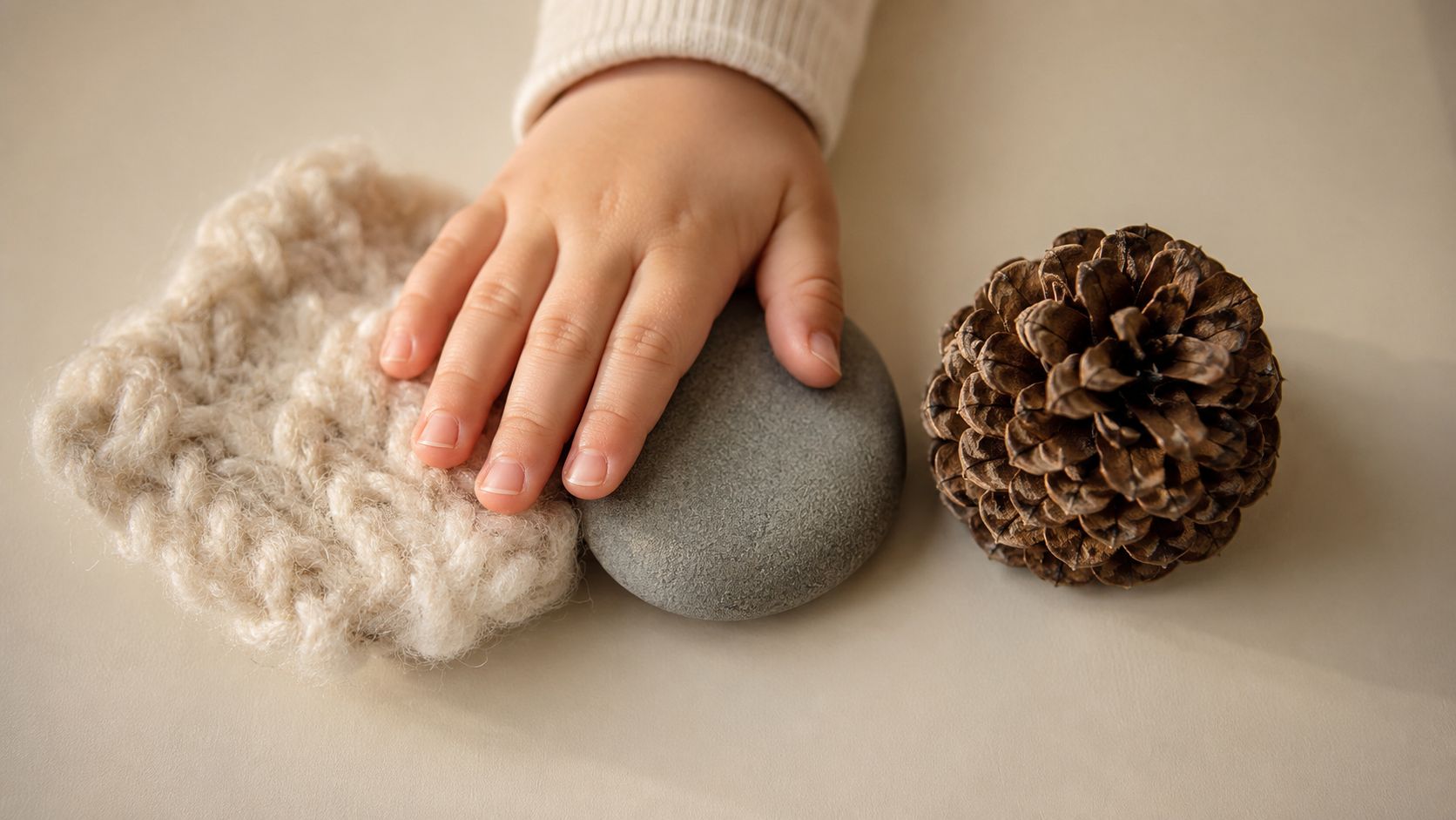 A child's small hand gently touching a smooth grey stone next to a knitted texture and pinecone.