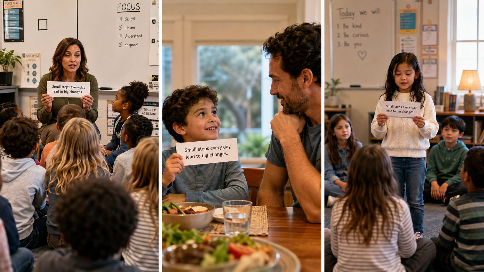 A collage showing teachers and children holding cards with the message, Small steps every day lead to big changes.