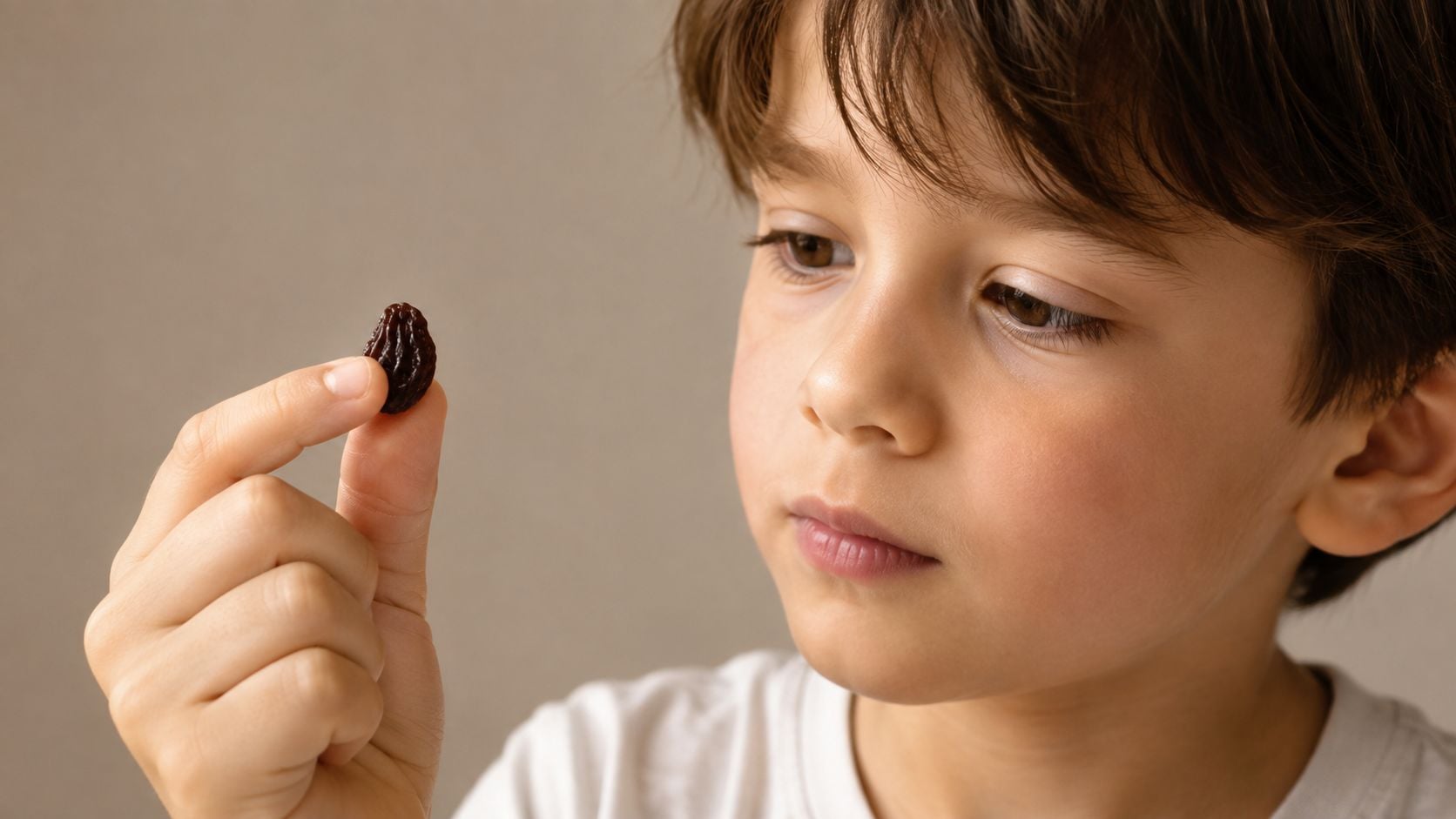 A young child closely examines a single small raisin held between their thumb and index finger.