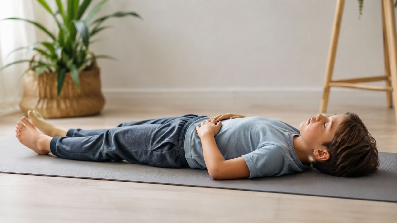 A young boy lies on a yoga mat in a peaceful room, practicing mindful relaxation and body awareness.