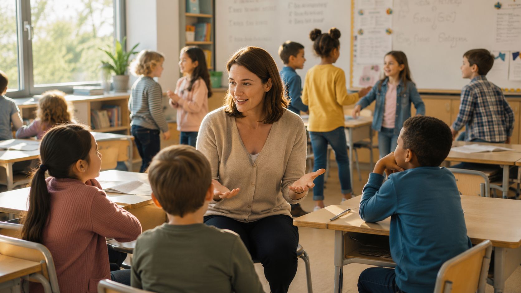 A teacher engaging in a friendly discussion with a group of diverse young students in a classroom.