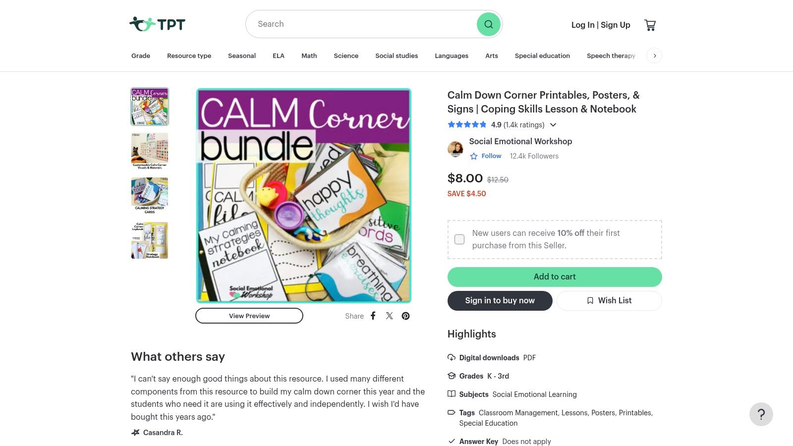Calm Down Corner Kit (Social Emotional Workshop on TPT)