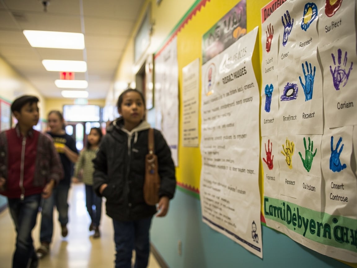 School hallway display of core values, illustrating how character education builds shared vocabulary alongside SEL curriculum
