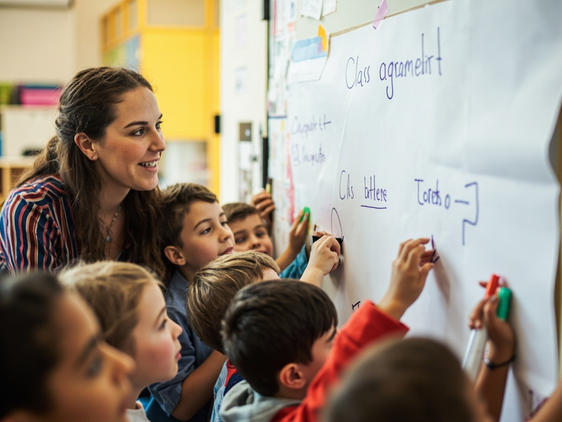 Teacher and elementary students co-creating a classroom agreement to build positive classroom community