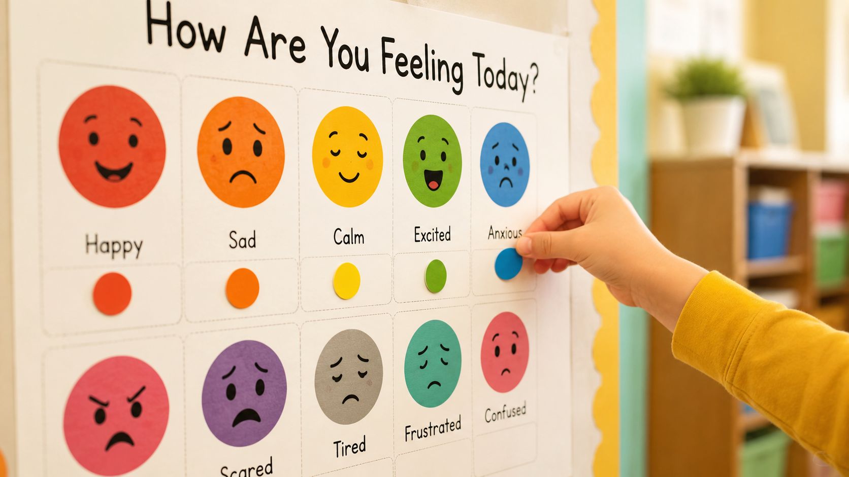 A child's hand places a blue marker on an 'Anxious' emotion face on a classroom feelings chart.