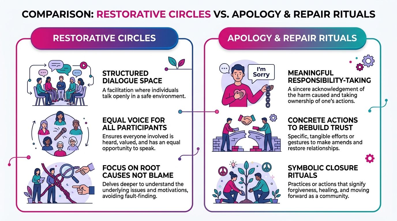An infographic comparing the concepts of restorative circles and apology and repair rituals for conflict resolution.
