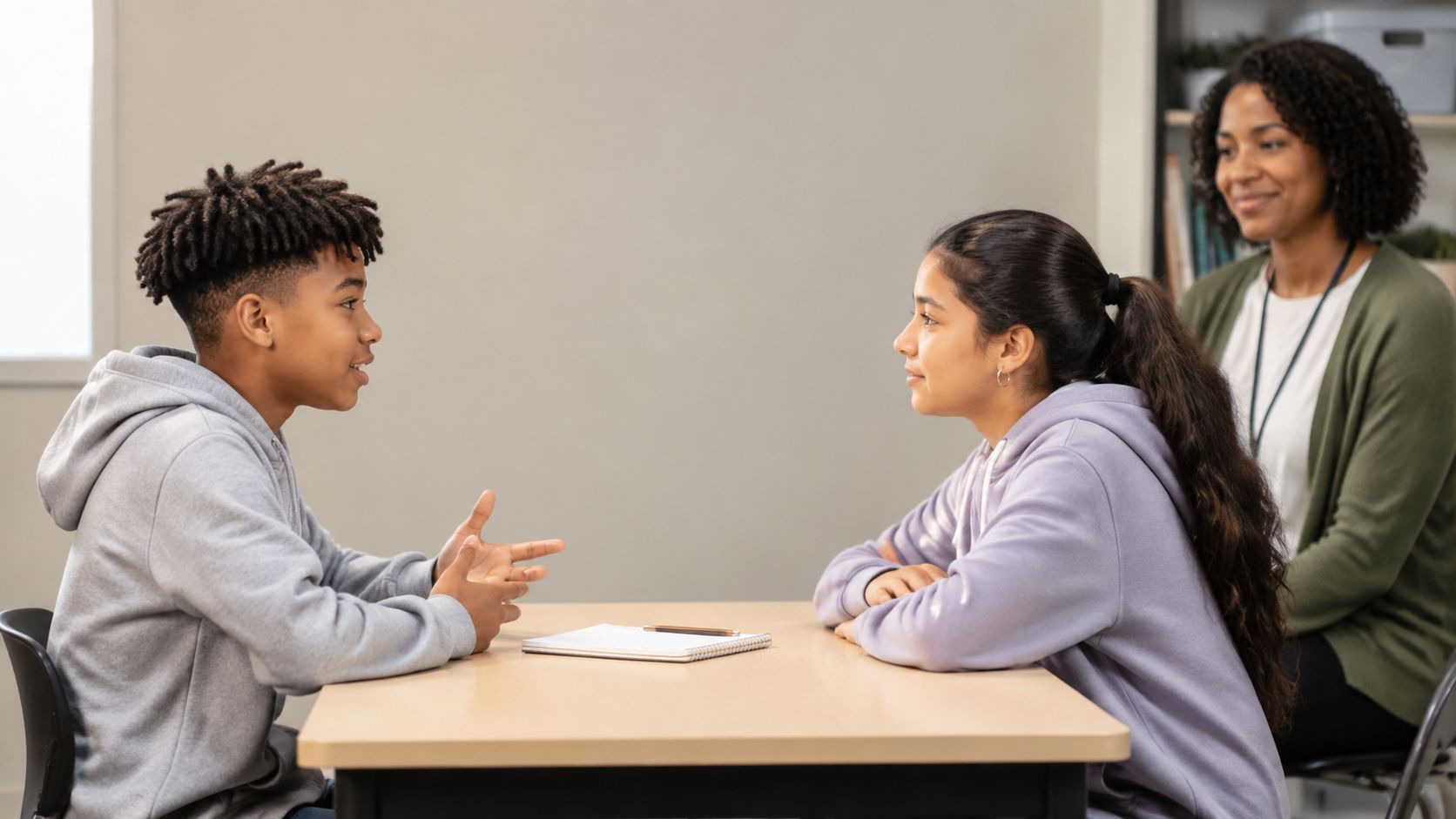 Two students sitting at a table discussing while an adult supervisor watches them in a classroom.