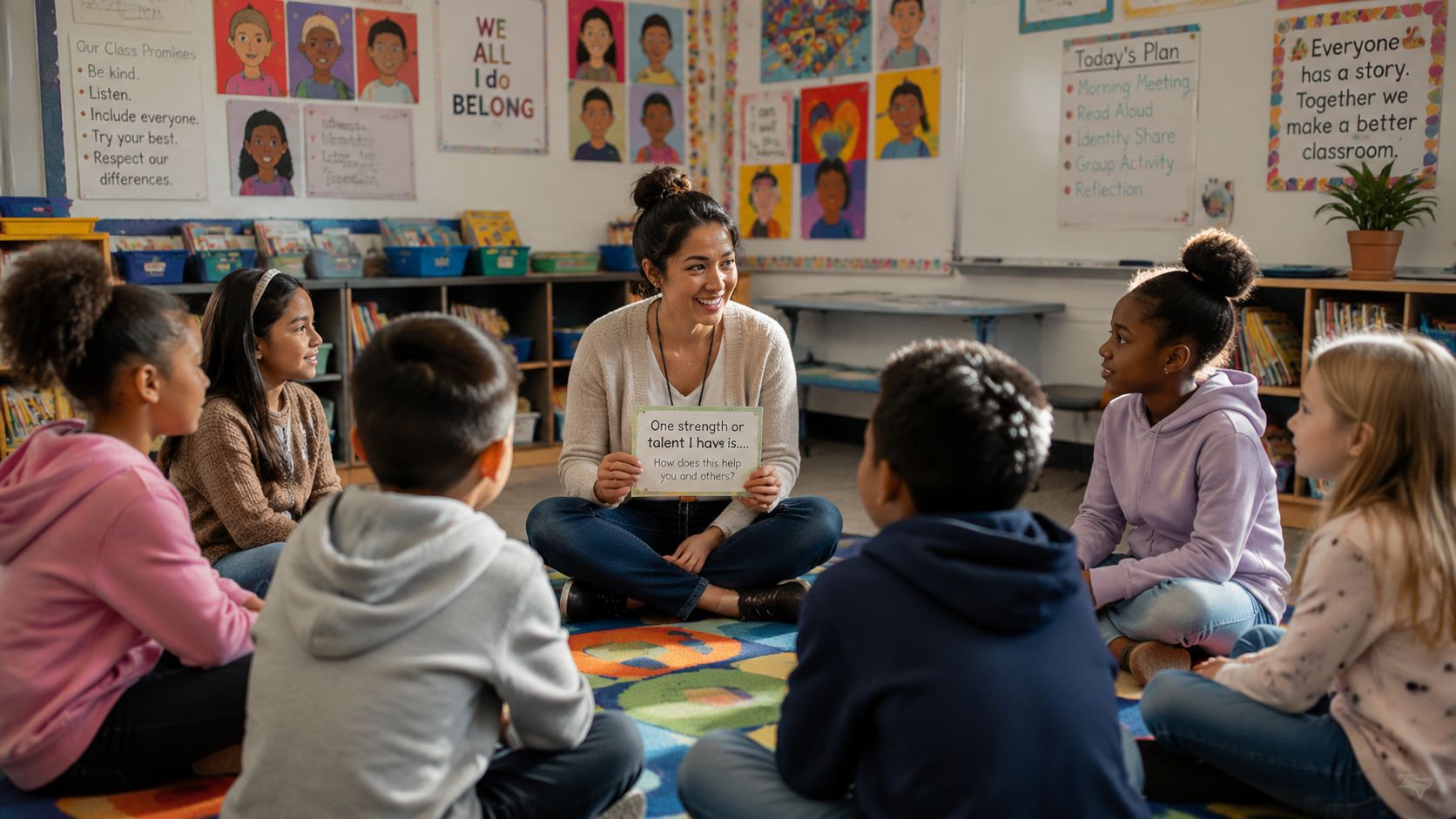 A teacher sitting in a classroom circle with students, holding a card about personal strengths and talents.