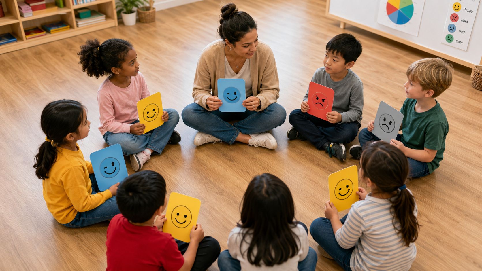 A teacher sitting in a circle with young children holding emotion cards in a brightly lit classroom.
