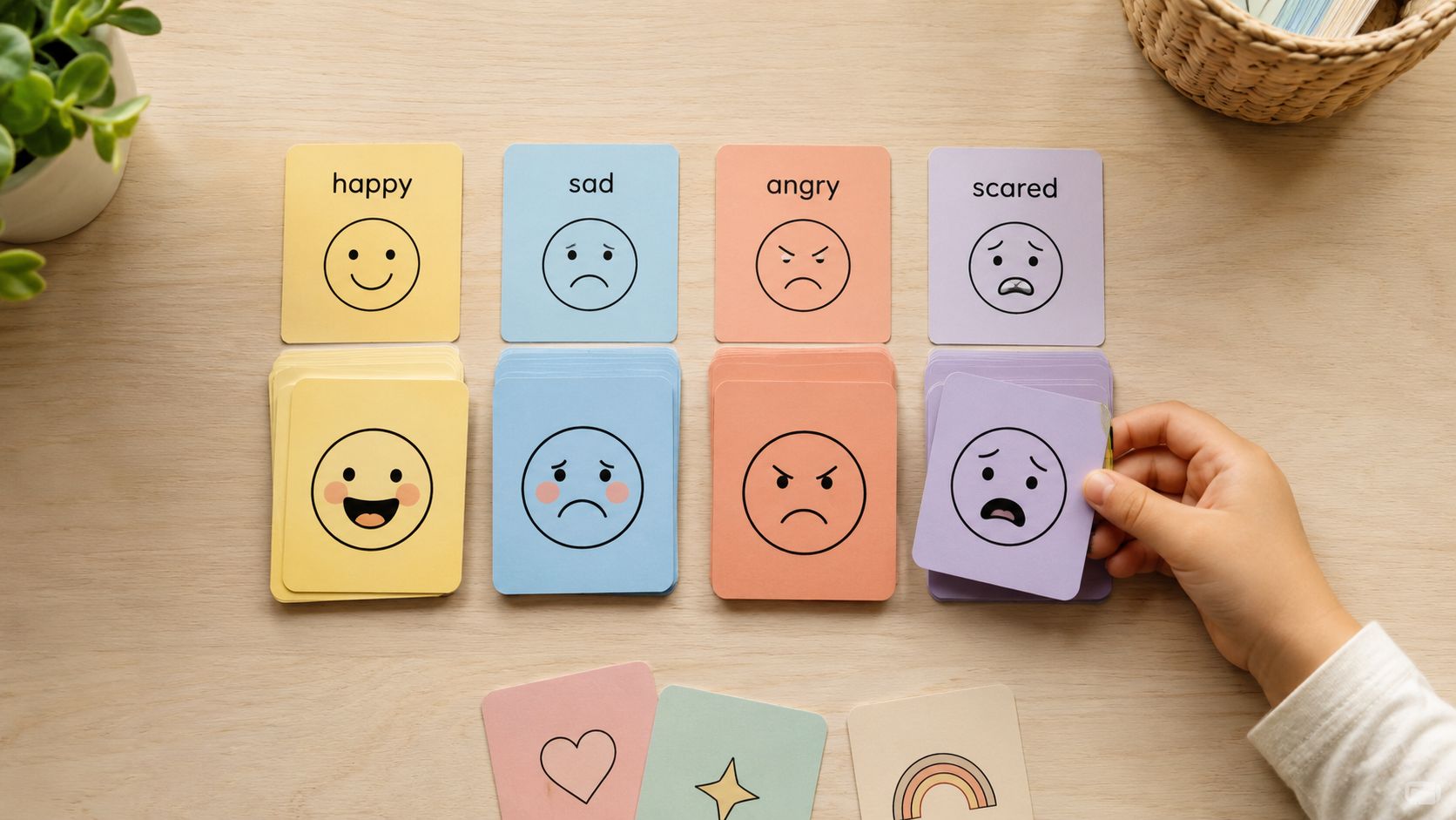 A child sorting emotion cards showing happy, sad, angry, and scared expressions on a wooden table.