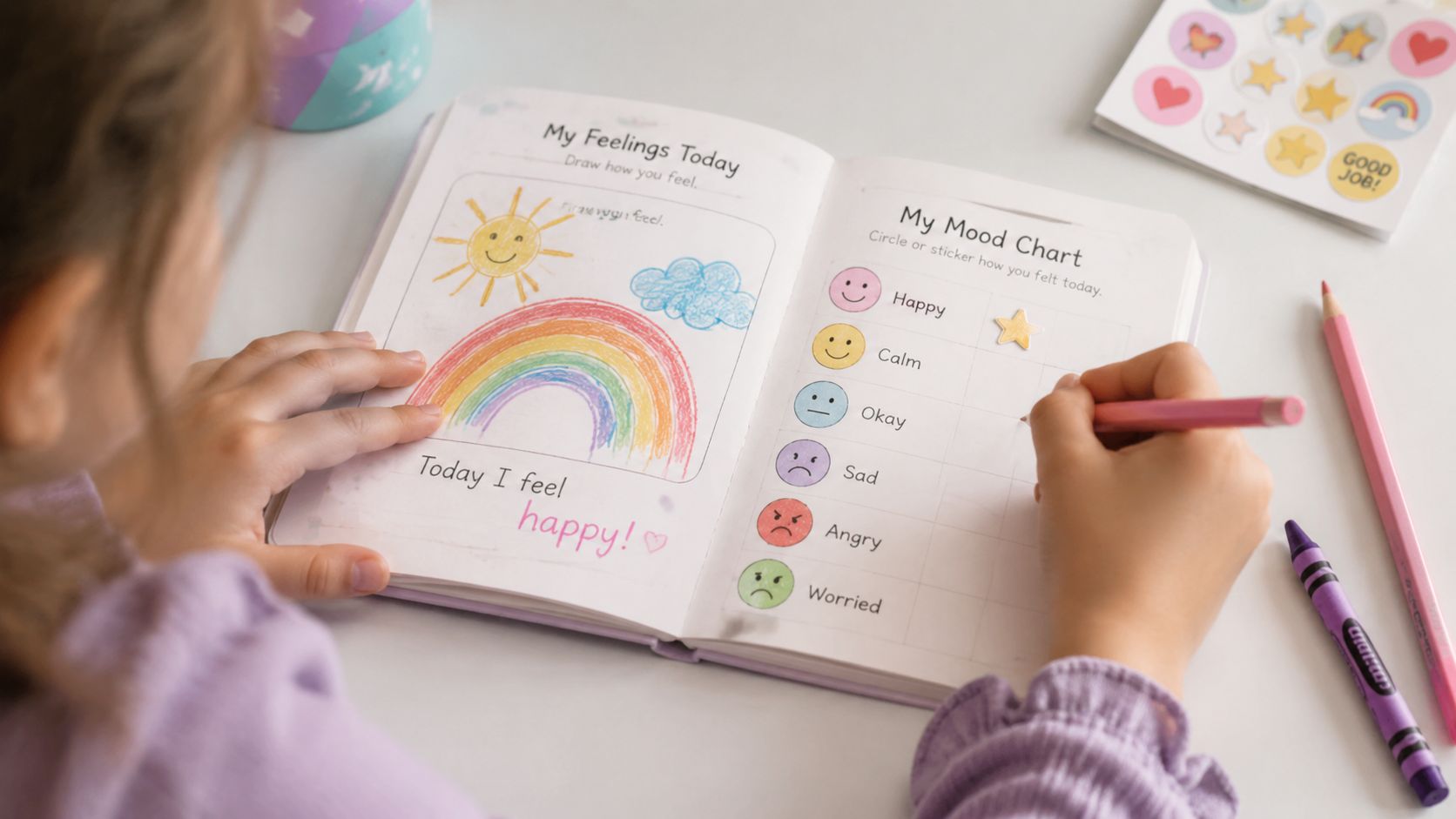 A child filling out a feelings journal with a rainbow drawing and mood chart on a table.