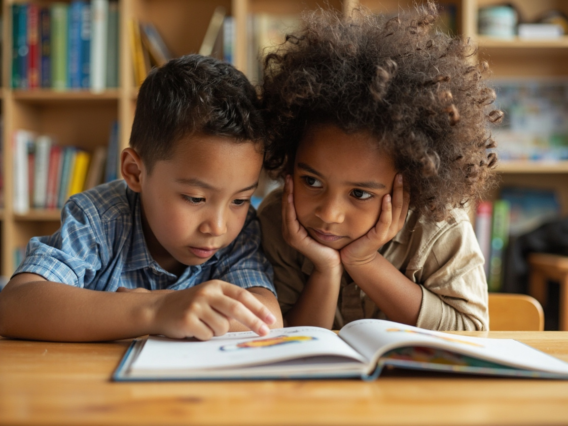 Two elementary students reading a picture book together to practice empathy and perspective-taking in the classroom