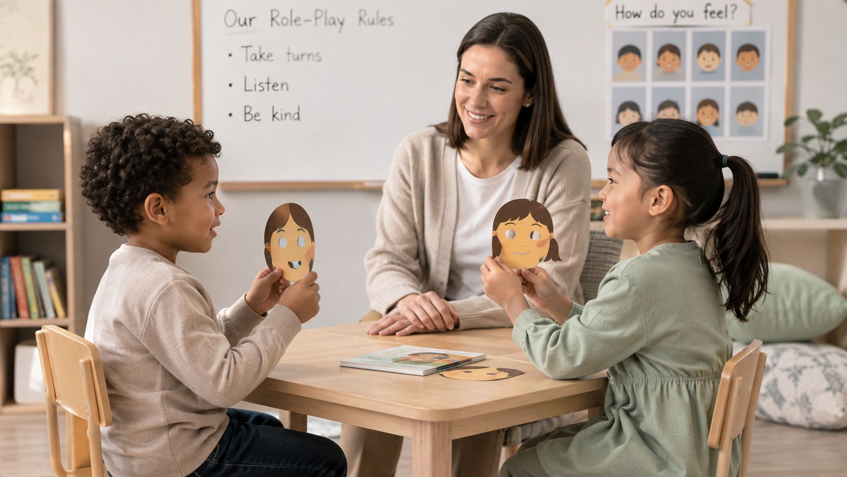 A teacher guides two young children in an empathy building activity using illustrated emotion masks in class.