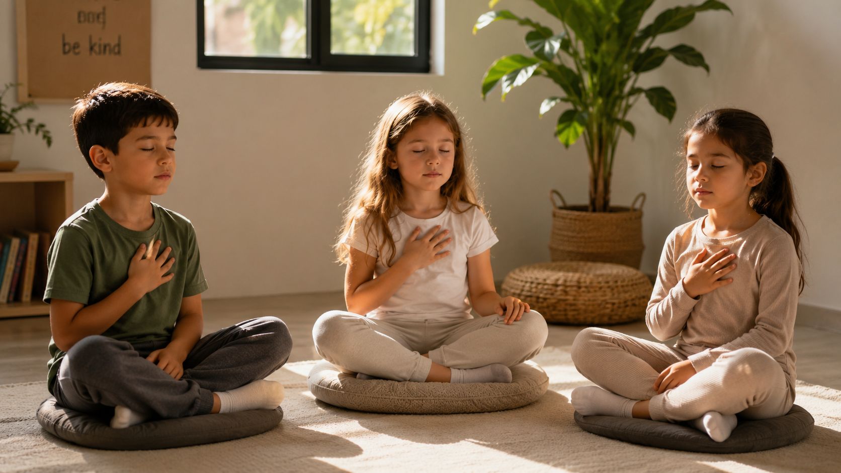 Three children sitting in a meditative pose on floor cushions with their hands over their hearts.