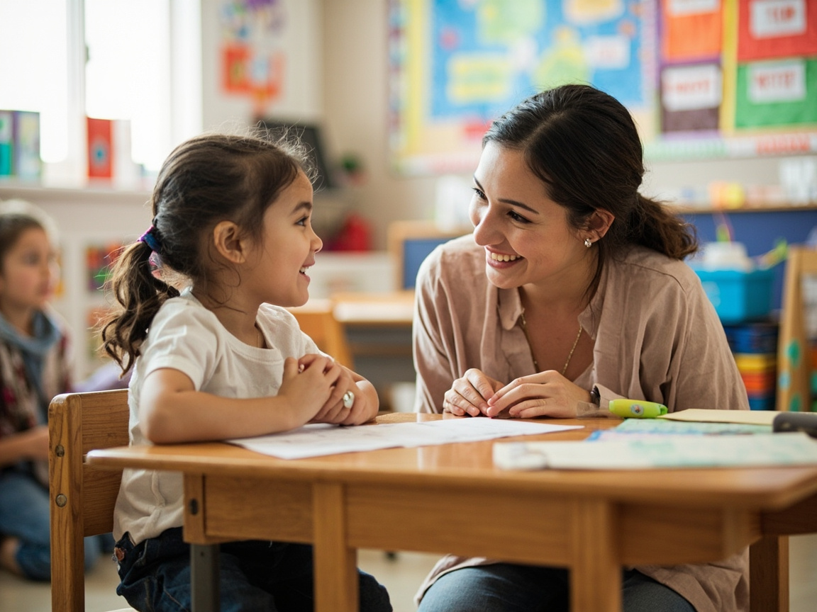 Elementary school teacher having a caring one-on-one conversation with a student, modeling empathy in daily classroom routines