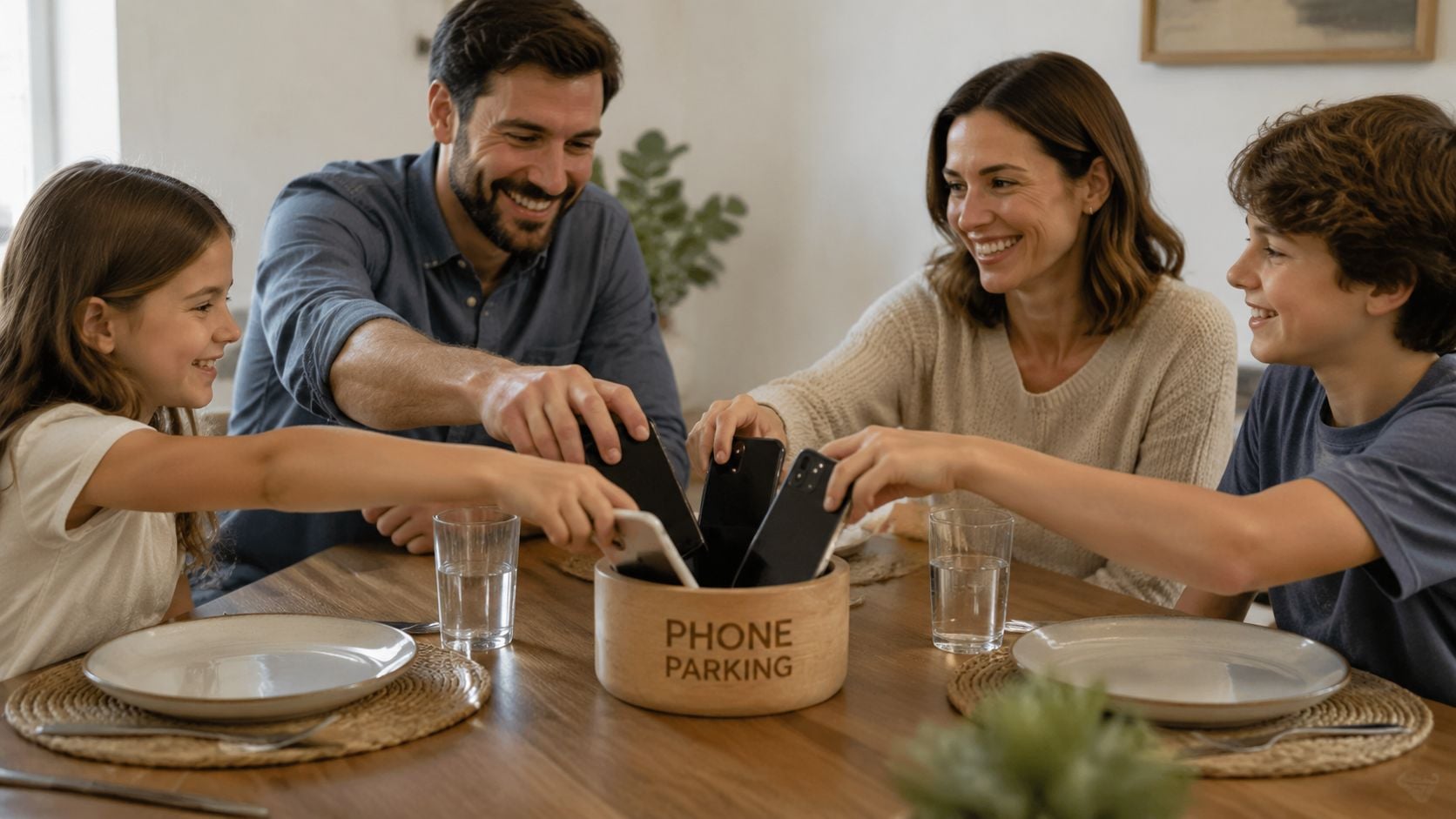 A happy family placing their mobile phones into a wooden phone parking bowl at the dinner table.