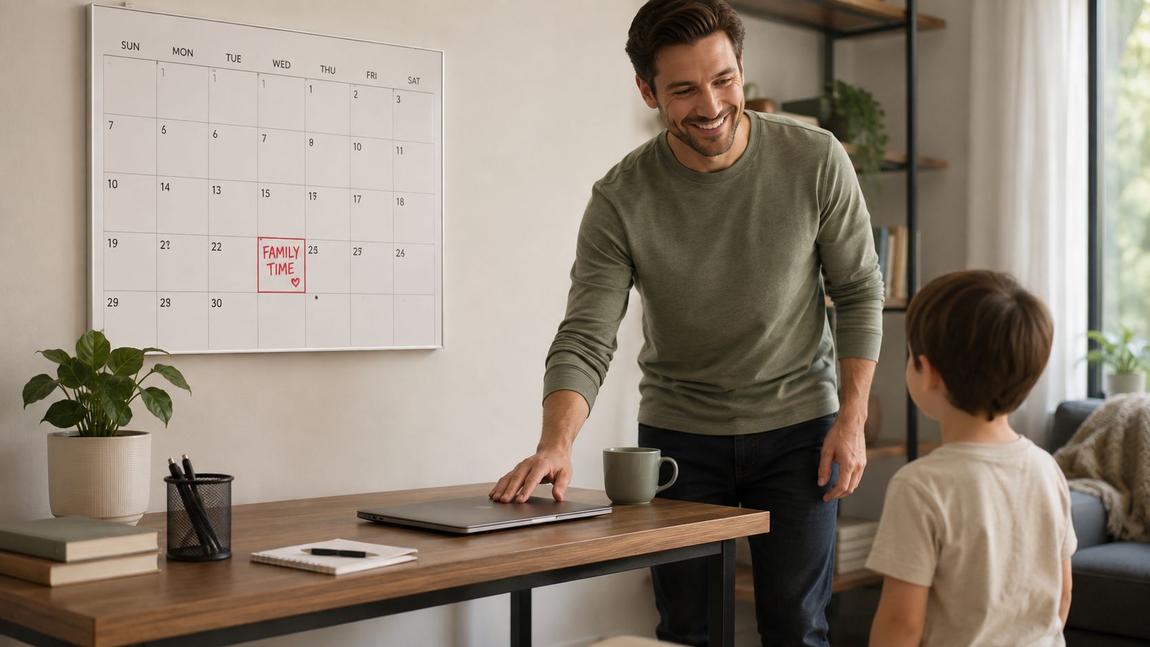 A smiling father closing his laptop to focus on his young son in a home office.