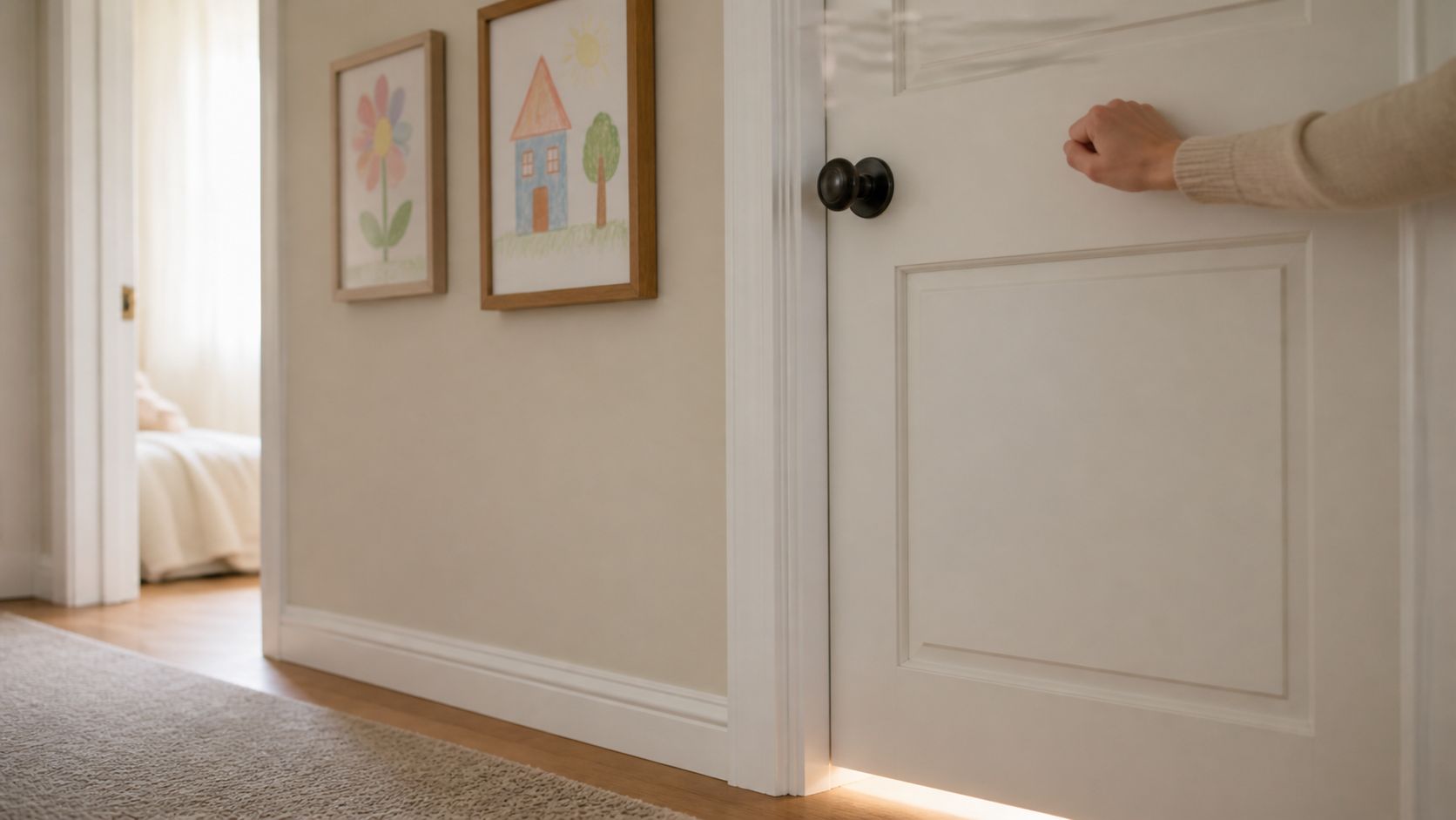 A person gently knocking on a closed white door in a hallway to request permission to enter.