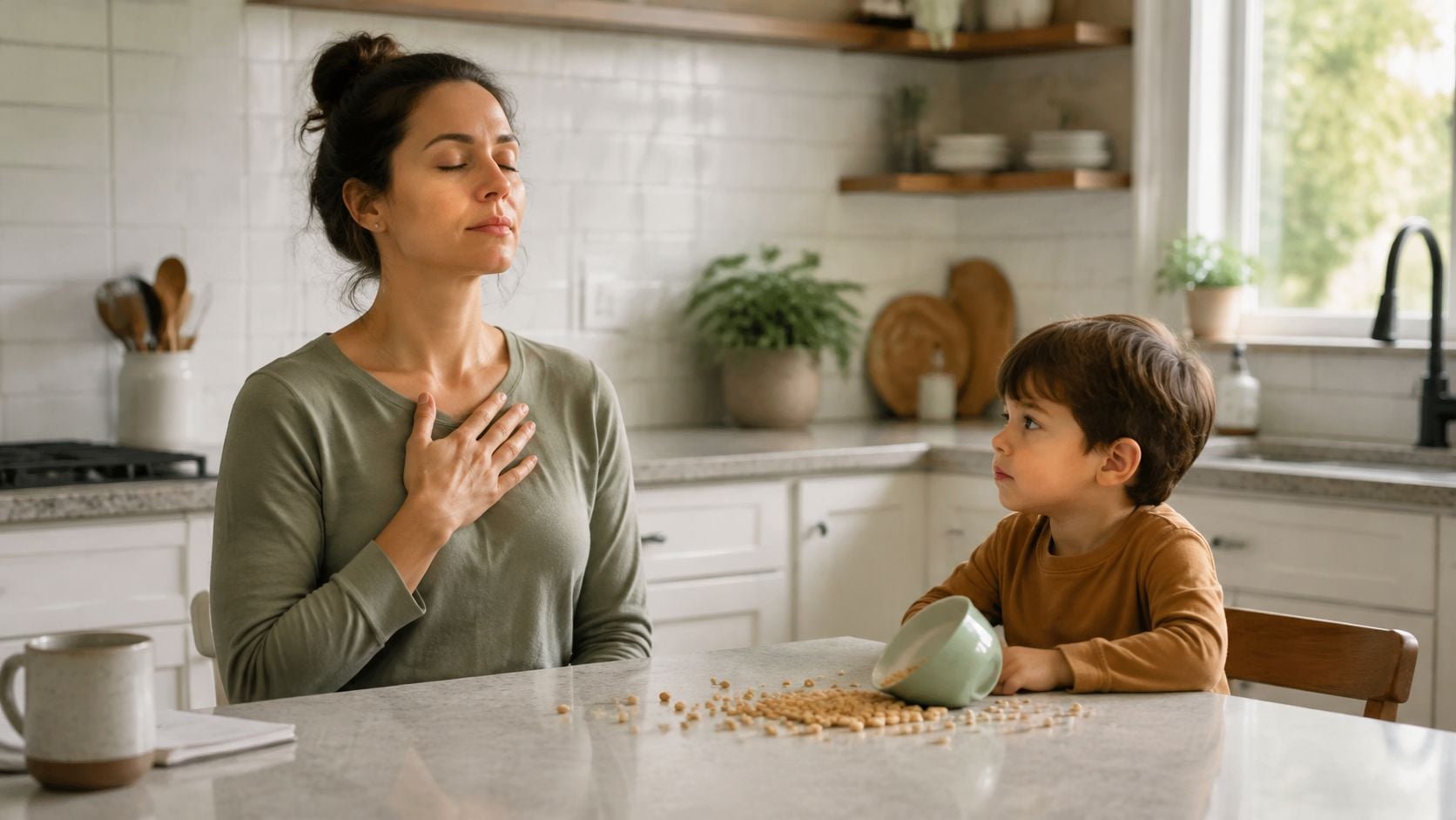 A mother practices mindful breathing with her eyes closed while her young son watches near spilled cereal.