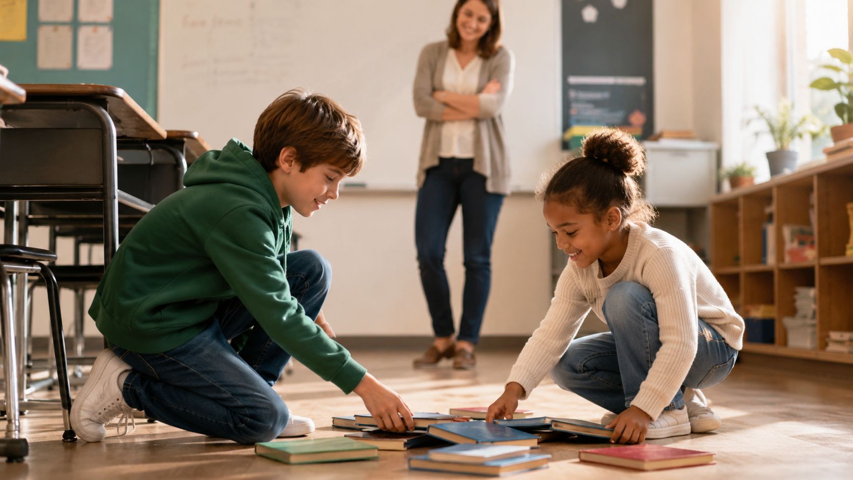 A young boy and girl sitting on the classroom floor, kindly arranging books together while their teacher watches.