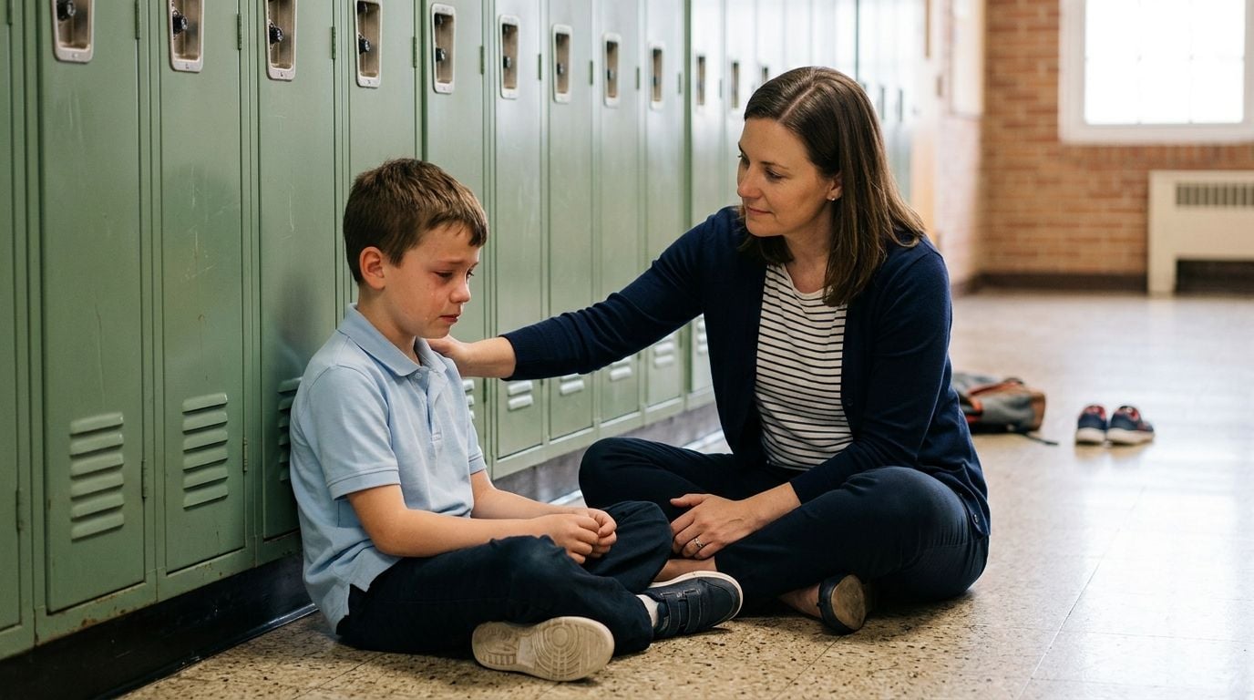 A concerned adult female teacher comforts a crying young elementary school student sitting on the floor.