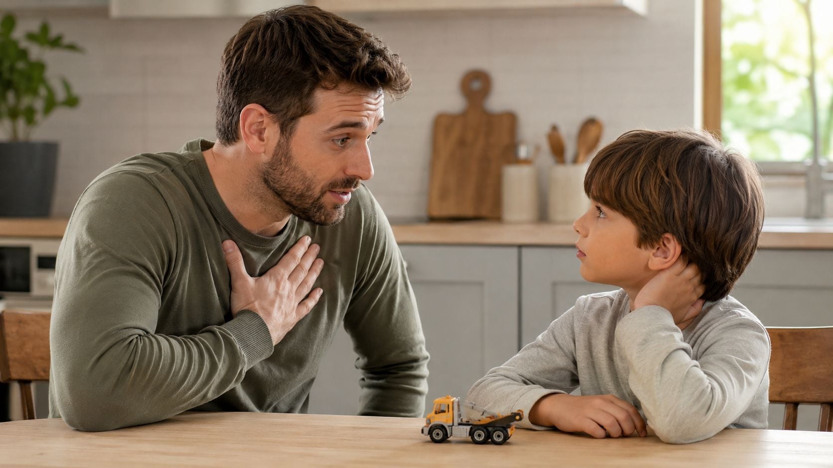 A father and son having a heartfelt conversation while sitting at a kitchen table together
