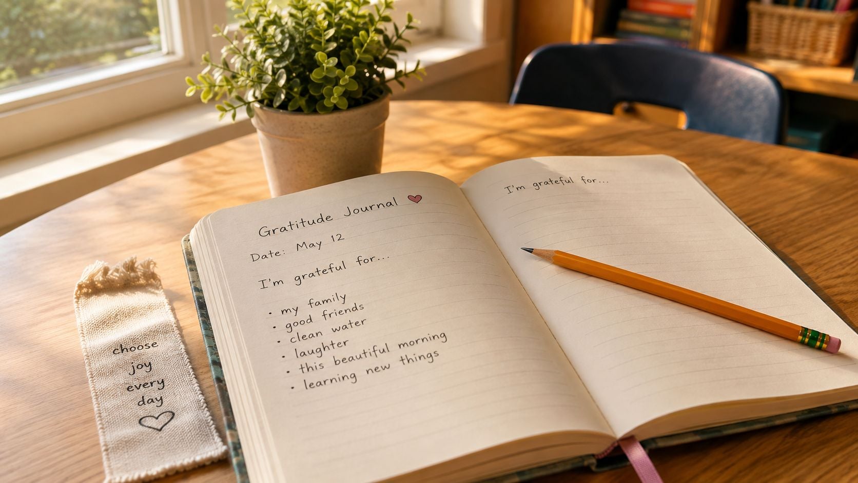 An open gratitude journal on a wooden table with a pencil, a plant, and a bookmark.