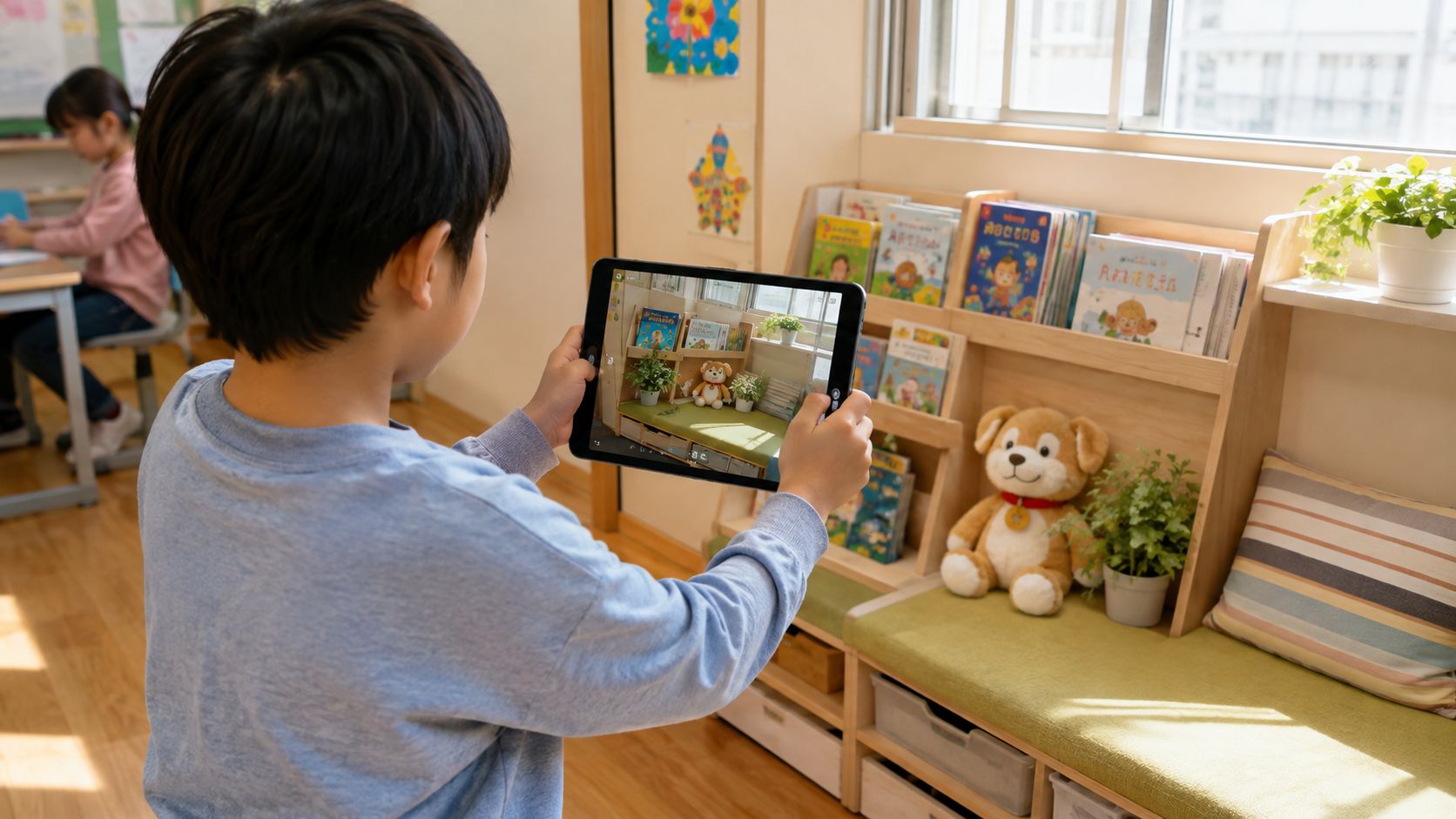 A young boy holds a tablet to photograph a classroom corner with bookshelves and a stuffed animal.