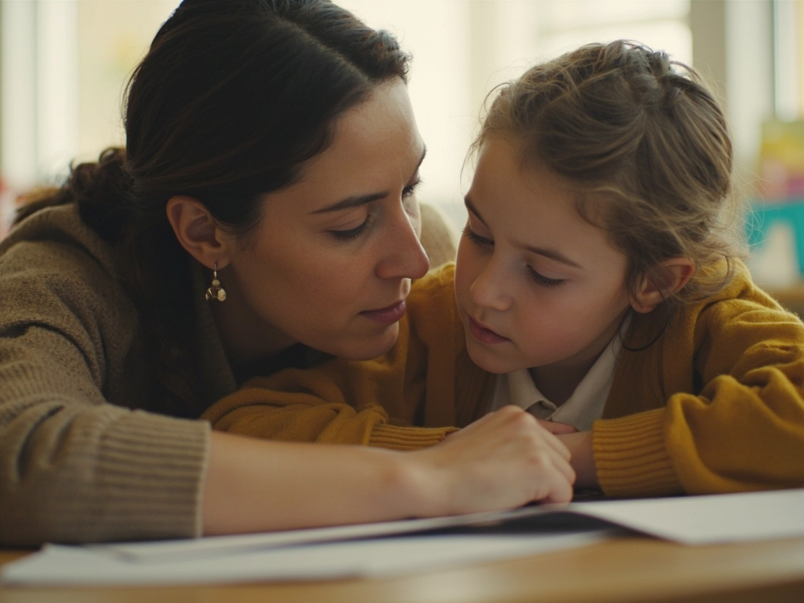 Teacher speaking one-on-one with an anxious student in an elementary classroom