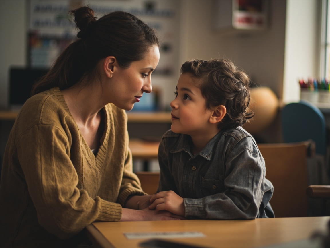 Teacher using co-regulation strategies to help a dysregulated student calm down in the classroom